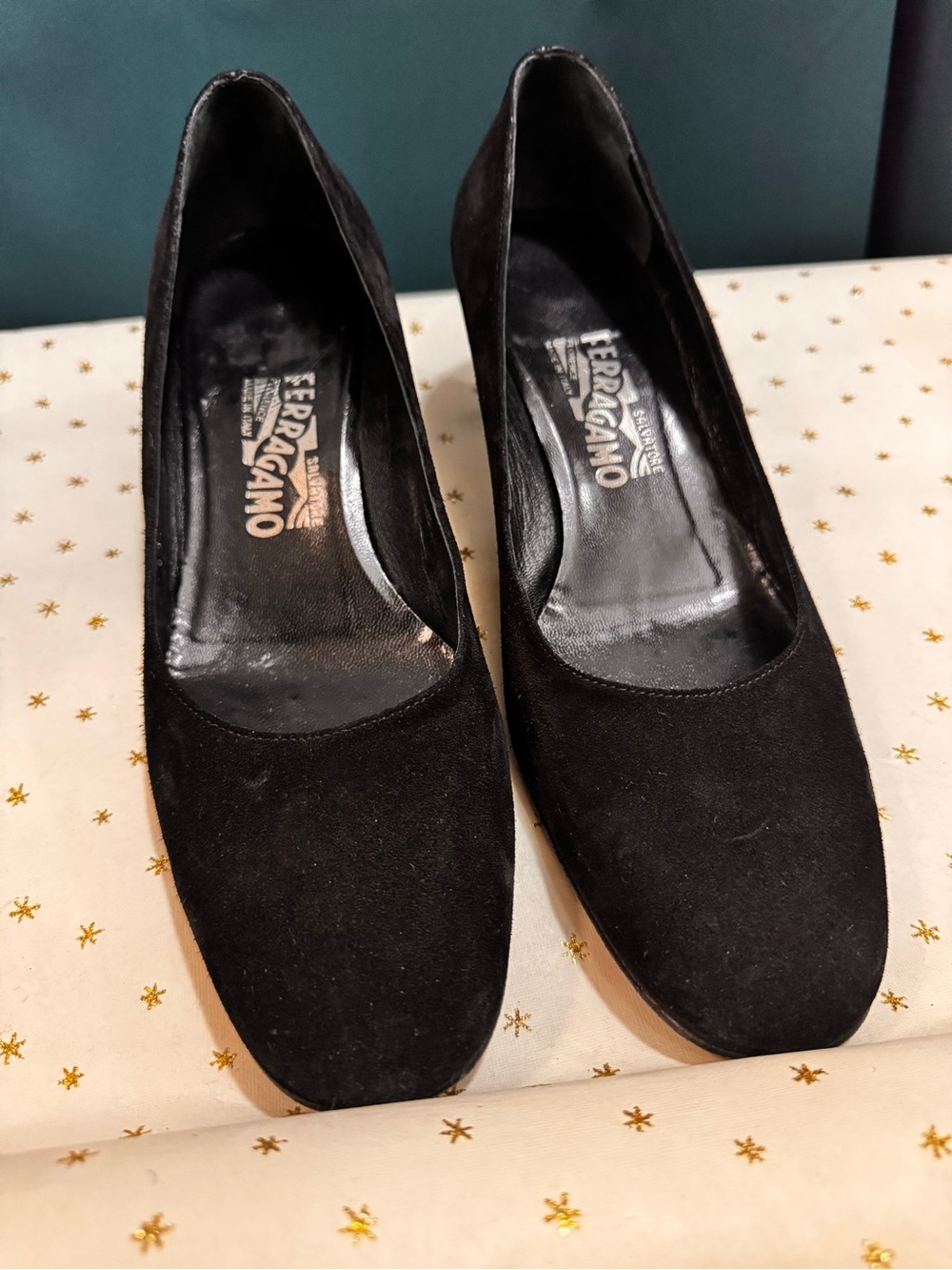Vintage Salvatore Ferragamo Black Suede Round-Toe Pumps